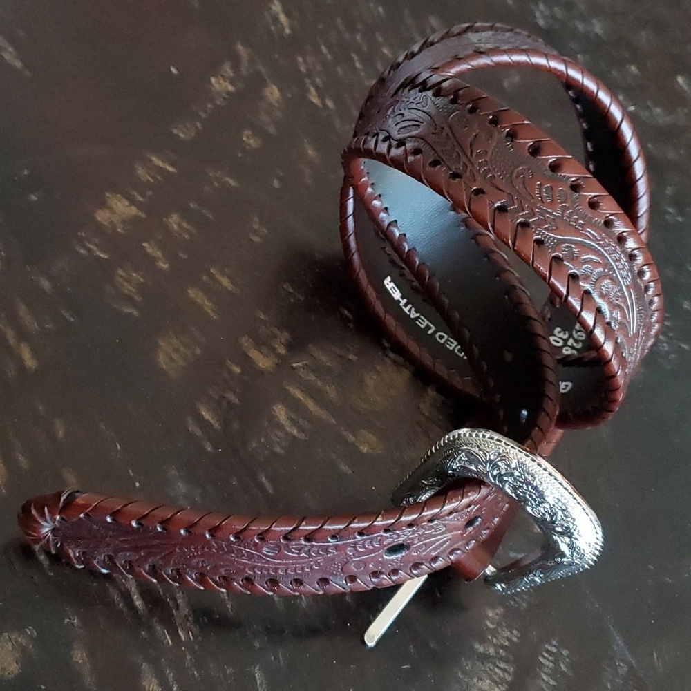 WESTERN BROWN GENUINE LEATHER BONDED BELT 5 HOLE SIZE 30 NWOT TOOLED BOHO CHIC